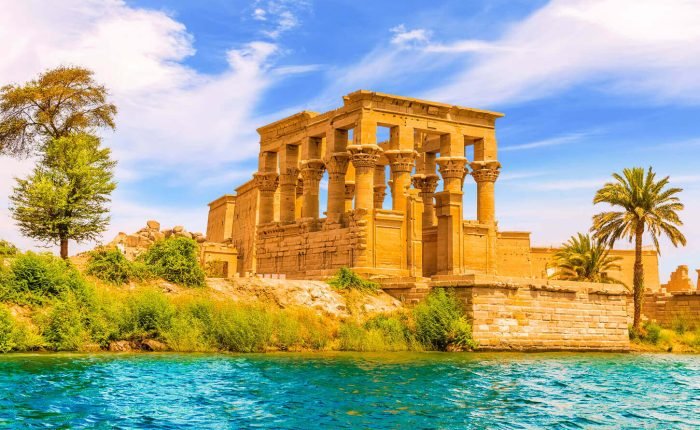 The Philae Temple from a boat in the Nile