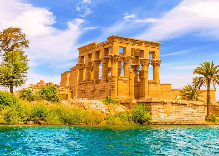 The Philae Temple from a boat in the Nile