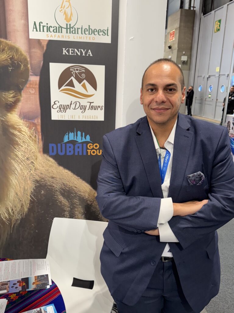 Mohamed Elattar, founder of Egypt Day Tours, at the Egypt Day Tours stand at the FITUR travel fair in Madrid